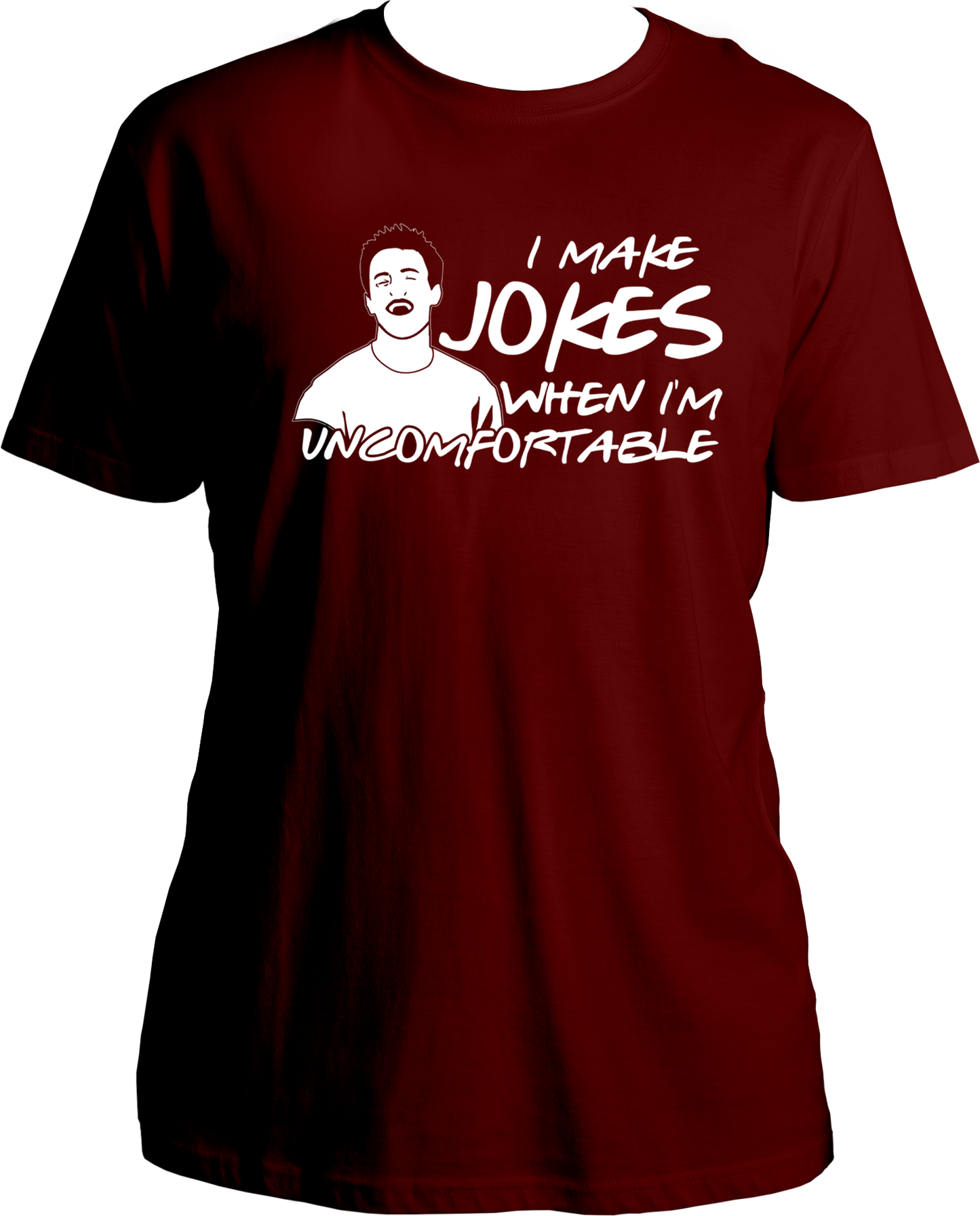 Welcome to our T-shirt haven, where we bring your favorite TV shows to life! Introducing our Round Neck T-shirt under the F.R.I.E.N.D.S. category, featuring the iconic Chandler Bing quote, "I Make Jokes When I'm Uncomfortable." Step into the world of laughter and camaraderie inspired by the legendary sitcom, Friends.