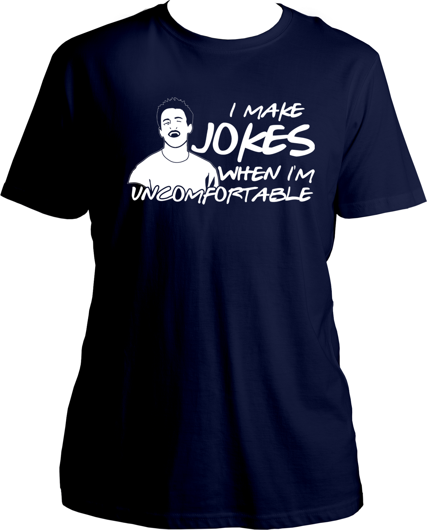 Welcome to our T-shirt haven, where we bring your favorite TV shows to life! Introducing our Round Neck T-shirt under the F.R.I.E.N.D.S. category, featuring the iconic Chandler Bing quote, "I Make Jokes When I'm Uncomfortable." Step into the world of laughter and camaraderie inspired by the legendary sitcom, Friends.