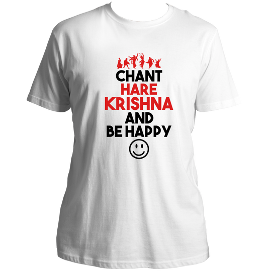 White Chant Hare Krishna T-shirt with Krishna leela-inspired print by Garrari