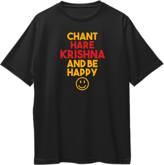 "Oversized unisex t-shirt with Chant Hare Krishna and Be Happy mantra, spiritual and devotional Krishna apparel."