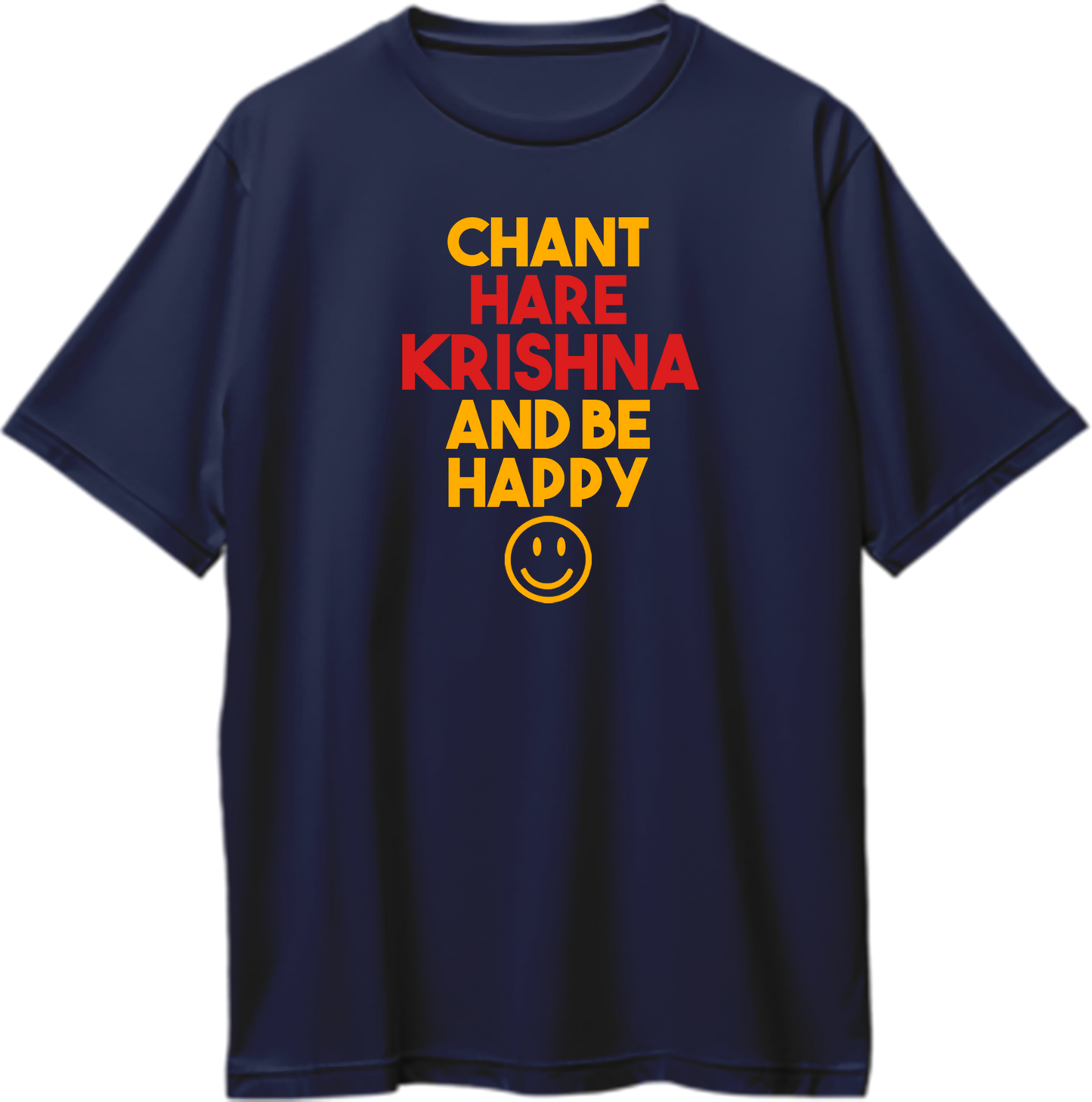 "Oversized unisex t-shirt with Chant Hare Krishna and Be Happy mantra, spiritual and devotional Krishna apparel."