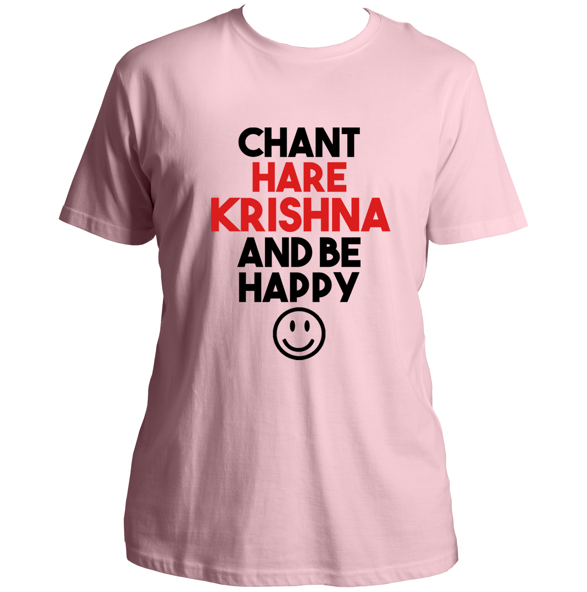 Baby Pink Chant Hare Krishna T-shirt with Hare Krishna and Be Happy print by Garrari