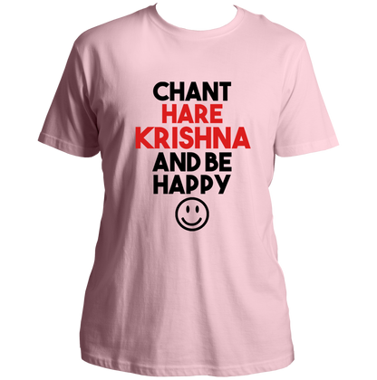 Baby Pink Chant Hare Krishna T-shirt with Hare Krishna and Be Happy print by Garrari