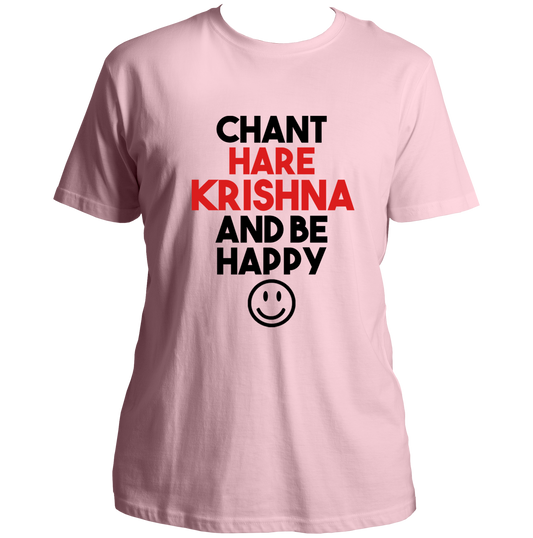 Baby Pink Chant Hare Krishna T-shirt with Hare Krishna and Be Happy print by Garrari