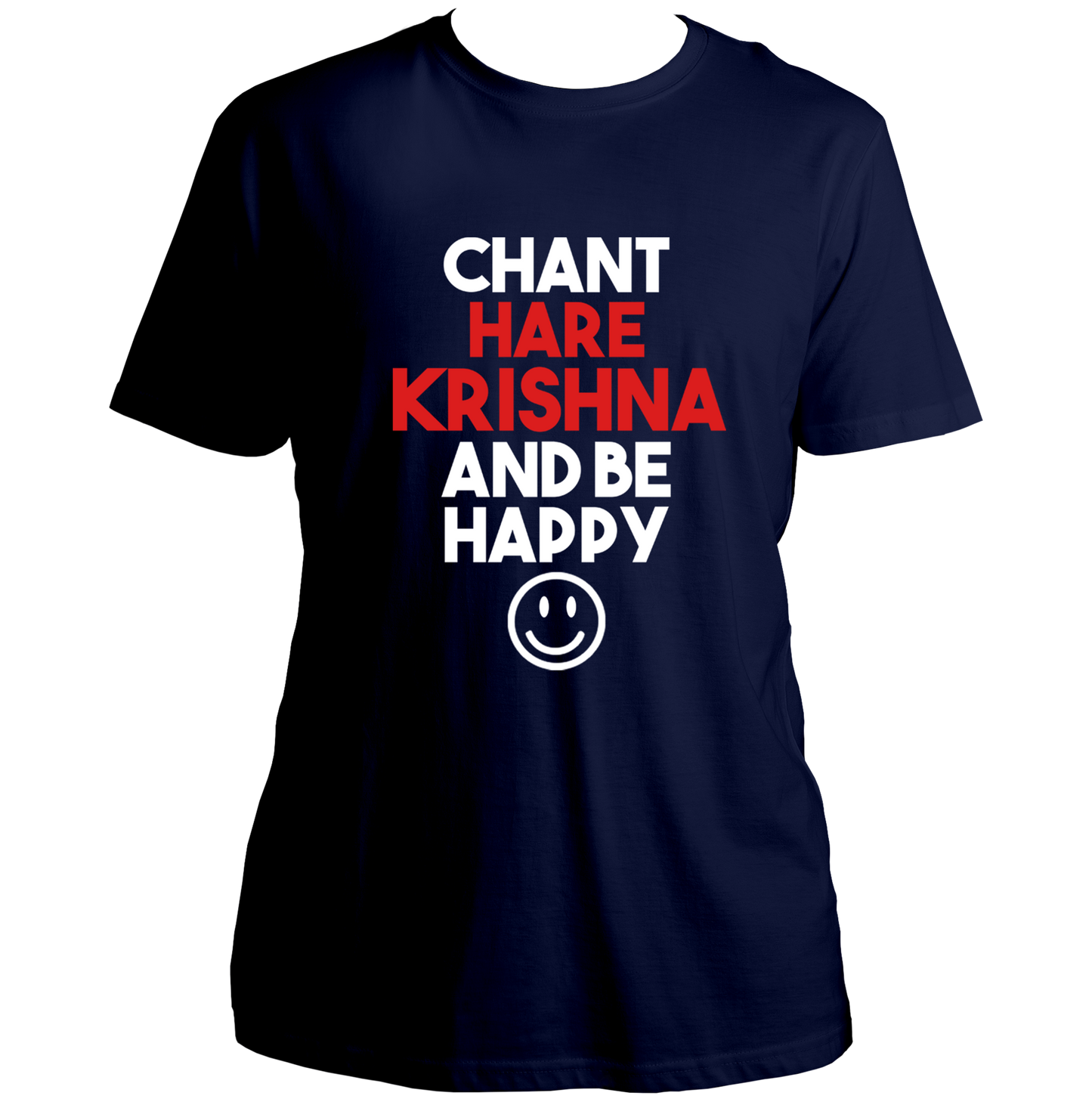 Navy Blue Chant Hare Krishna T-shirt with Chant Hare Krishna and Be Happy design by Garrari