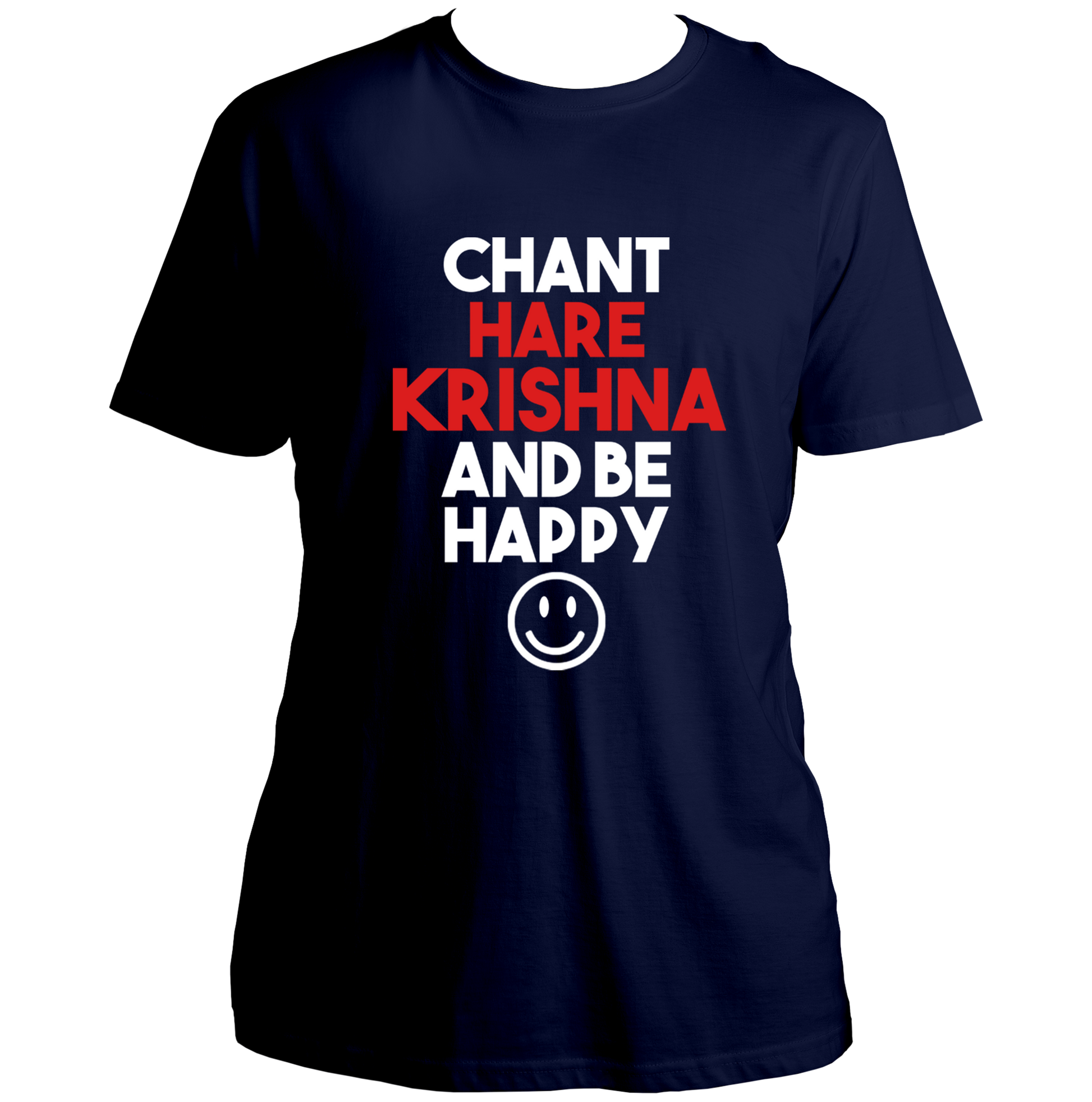 Navy Blue Chant Hare Krishna T-shirt with Chant Hare Krishna and Be Happy design by Garrari