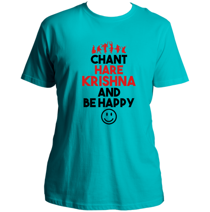 Aqua Blue Chant Hare Krishna T-shirt with Hare Krishna devotional typography by Garrari