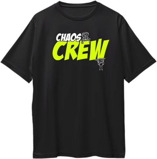 Black oversized unisex t-shirt with bold neon text "Chaos Crew" and cartoon siblings, perfect for funny sibling Rakhi gifts.