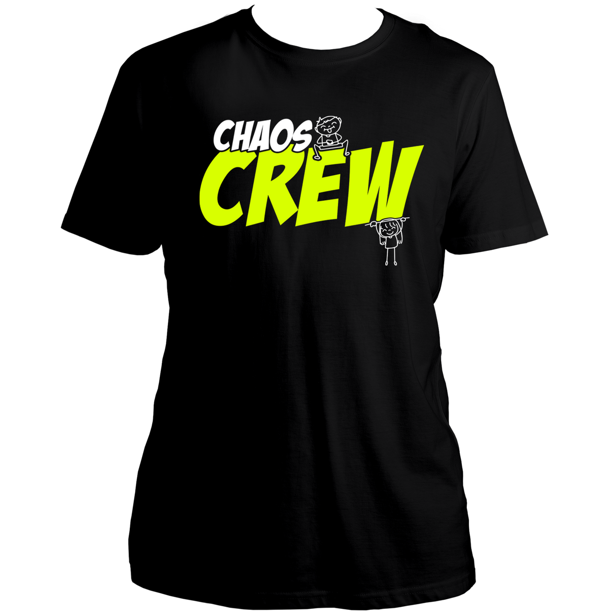 Black Chaos Crew Unisex T-Shirt by Garrari with neon yellow typography and sibling character graphic