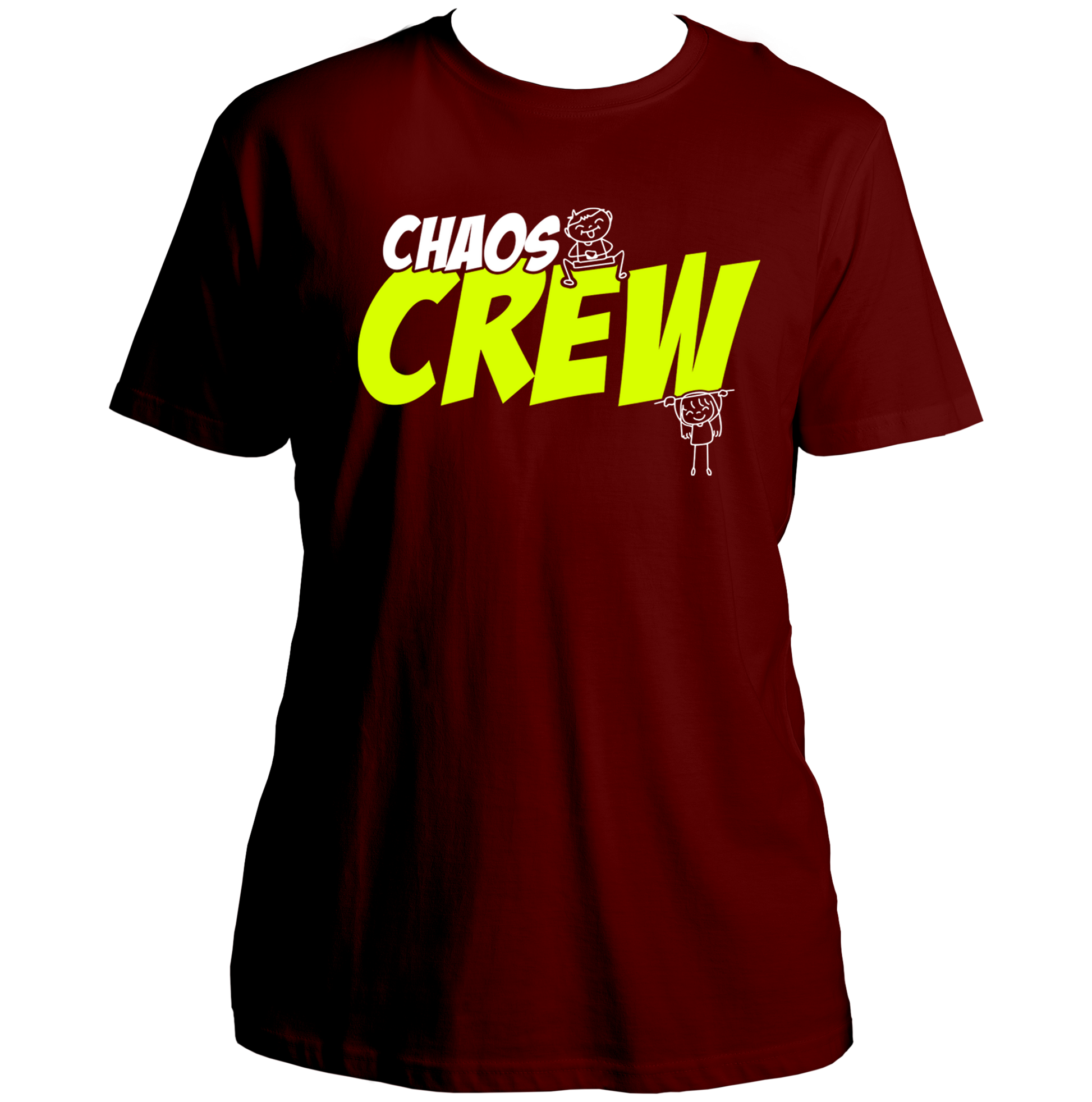Maroon Chaos Crew Unisex T-Shirt by Garrari with neon yellow Chaos Crew typography and sibling graphic