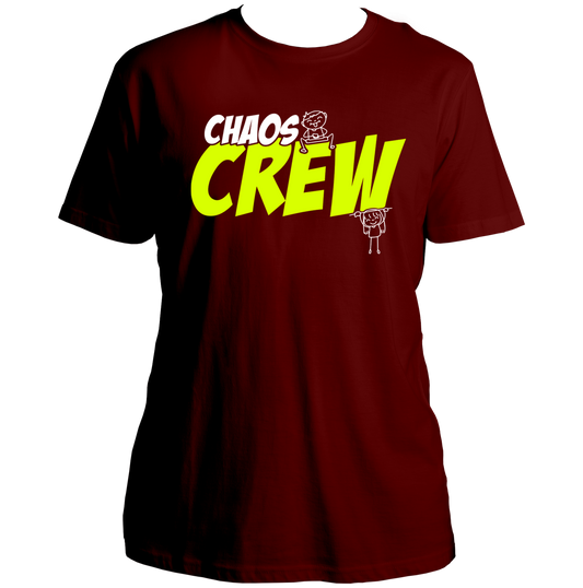 Maroon Chaos Crew Unisex T-Shirt by Garrari with neon yellow Chaos Crew typography and sibling graphic