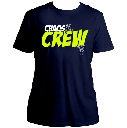 Navy Blue Chaos Crew Unisex T-Shirt by Garrari with contrast neon Chaos Crew graphic and sibling characters