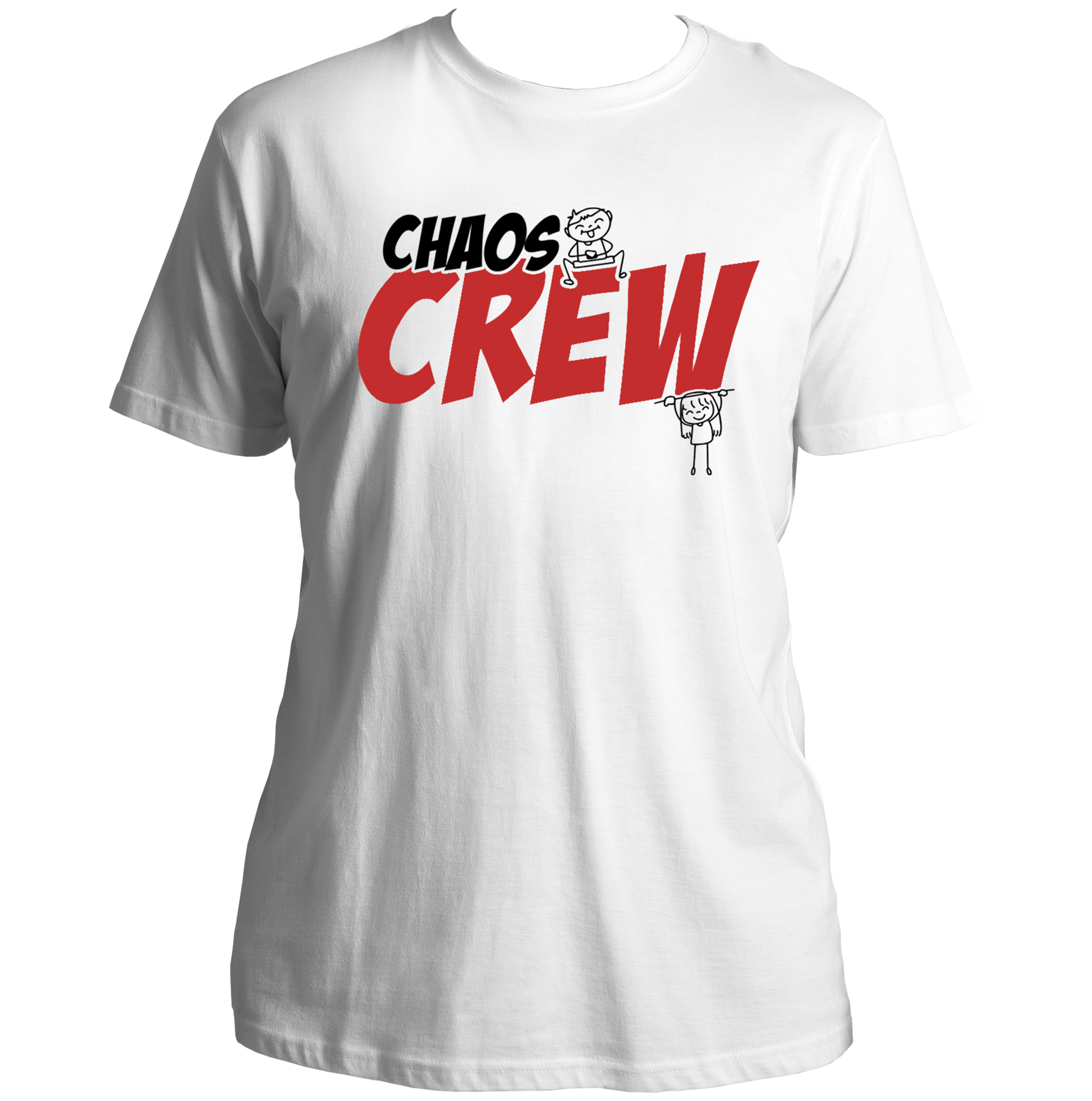 White Chaos Crew Unisex T-Shirt by Garrari with bold contrast Chaos Crew typography and sibling character print