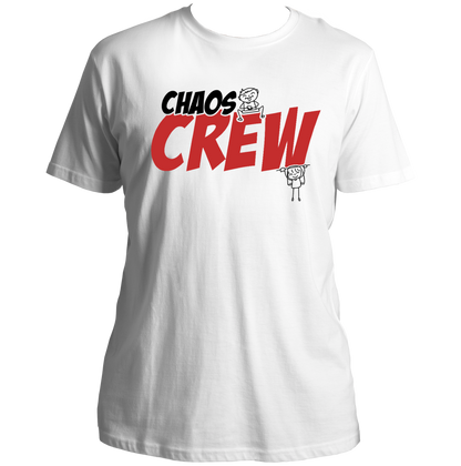 White Chaos Crew Unisex T-Shirt by Garrari with bold contrast Chaos Crew typography and sibling character print