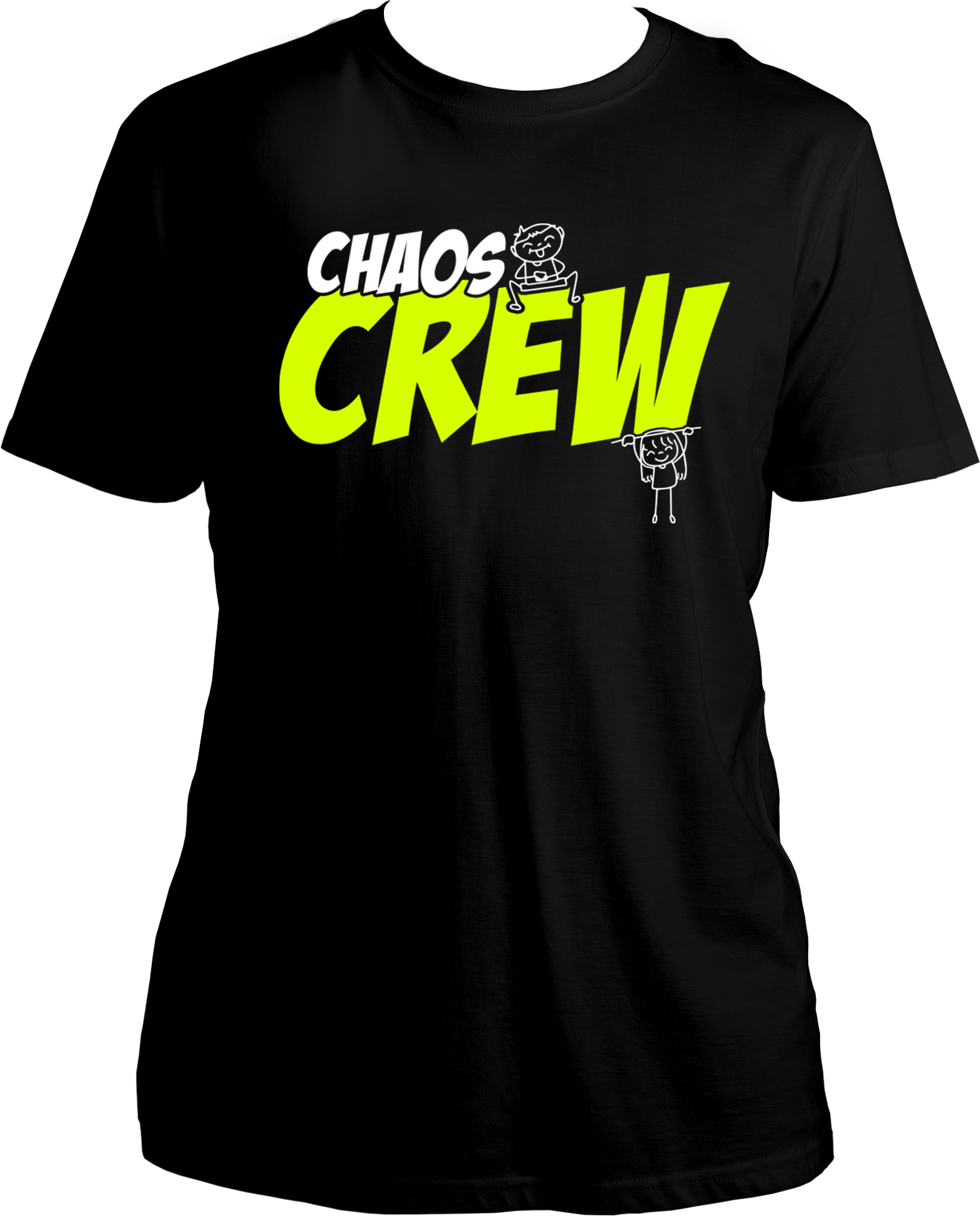Black Regular Fit Chaos Crew T-Shirt with neon yellow text and stick-figure siblings, ideal for funny sibling gifting.