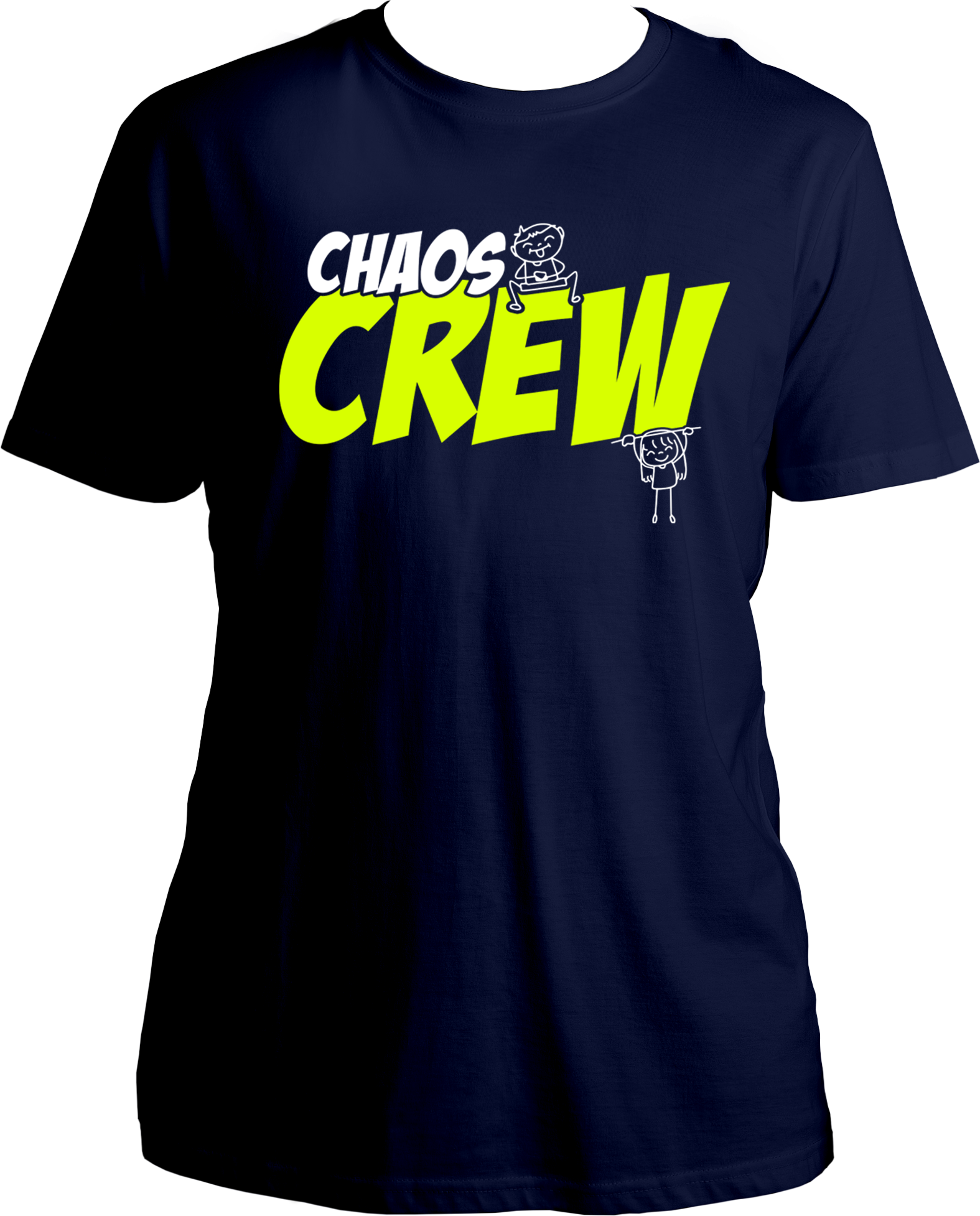 Black Regular Fit Chaos Crew T-Shirt with neon yellow text and stick-figure siblings, ideal for funny sibling gifting.