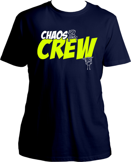 Black Regular Fit Chaos Crew T-Shirt with neon yellow text and stick-figure siblings, ideal for funny sibling gifting.