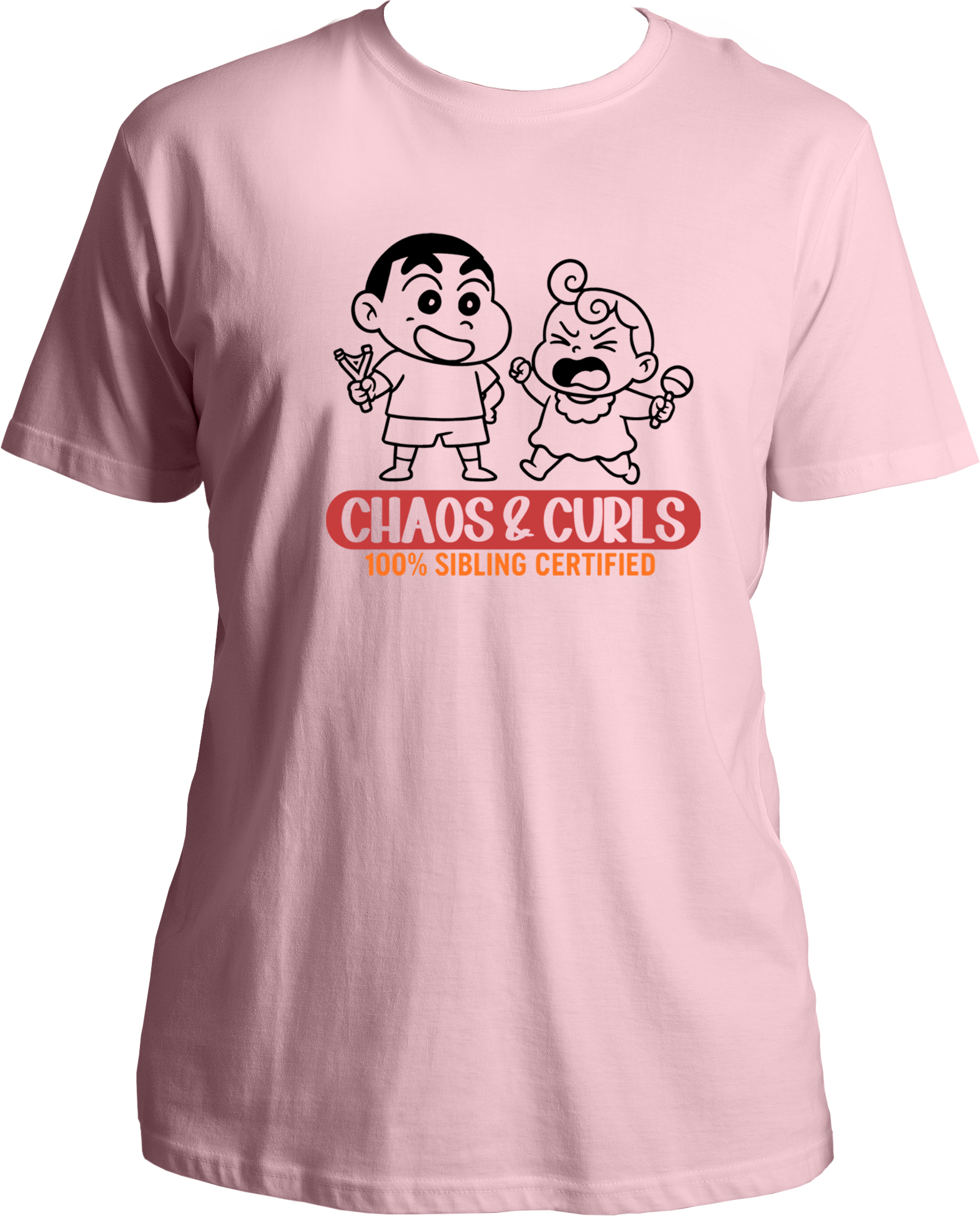 Unisex baby pink t-shirt featuring cartoon-style brother and sister graphic with Chaos & Curls text – perfect Rakhi gift for siblings.