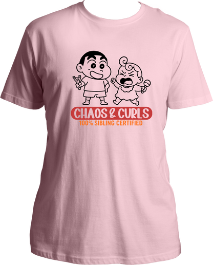 Unisex baby pink t-shirt featuring cartoon-style brother and sister graphic with Chaos & Curls text – perfect Rakhi gift for siblings.