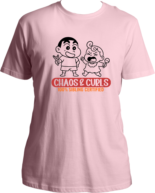 Unisex baby pink t-shirt featuring cartoon-style brother and sister graphic with Chaos & Curls text – perfect Rakhi gift for siblings.