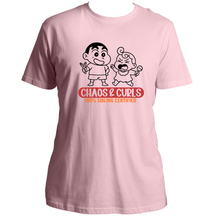 Baby Pink Chaos & Curls Unisex T-Shirt by Garrari with cartoon brother-sister graphic and sibling quote print