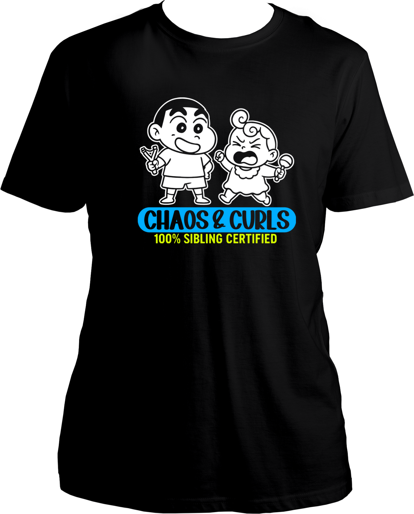 Unisex black t-shirt featuring cartoon-style brother and sister graphic with Chaos & Curls text – perfect Rakhi gift for siblings.