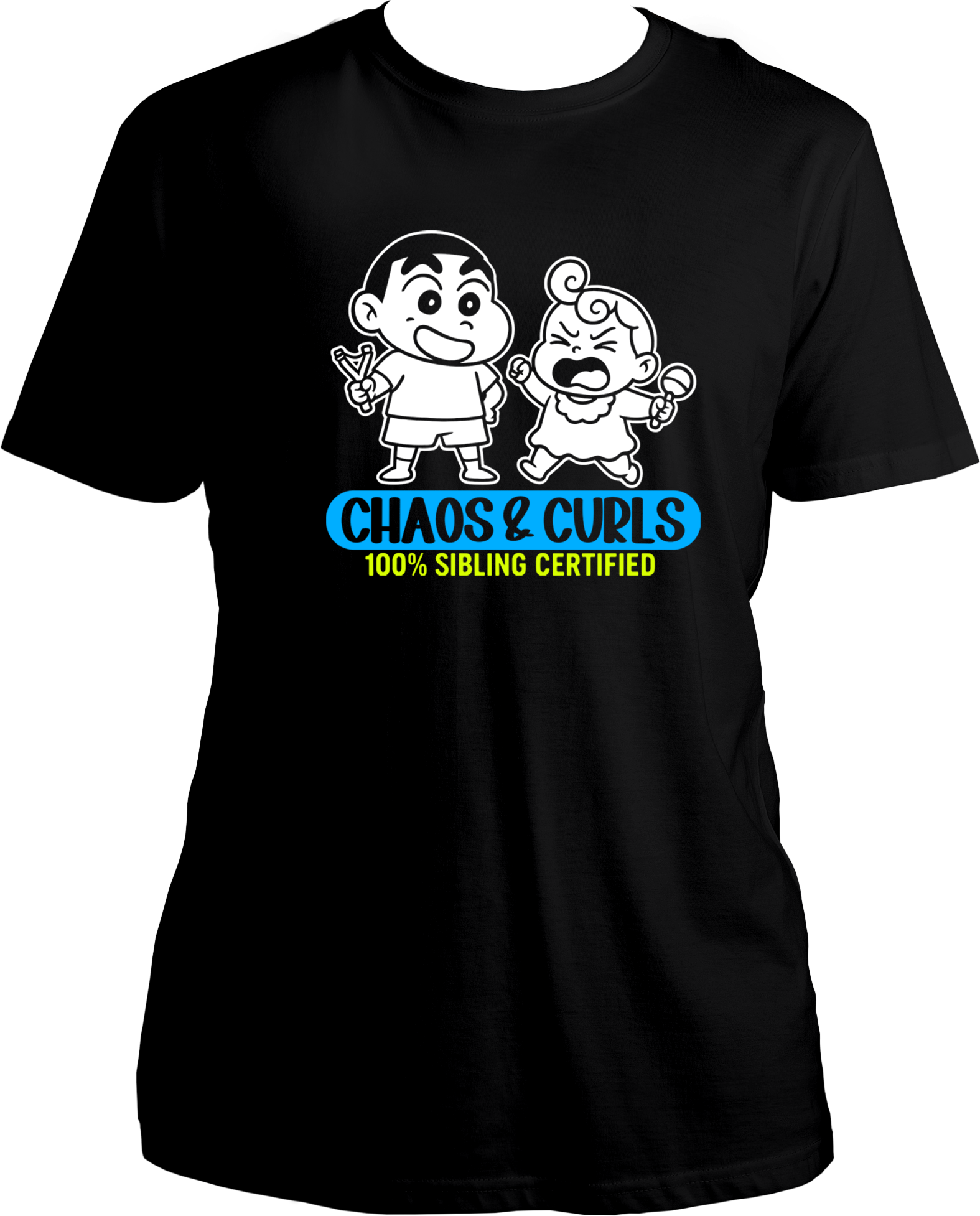 Unisex black t-shirt featuring cartoon-style brother and sister graphic with Chaos & Curls text – perfect Rakhi gift for siblings.