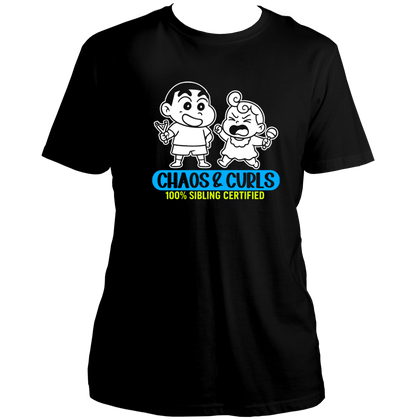 Black Chaos & Curls Unisex T-Shirt by Garrari with contrast cartoon sibling graphic and Chaos & Curls print