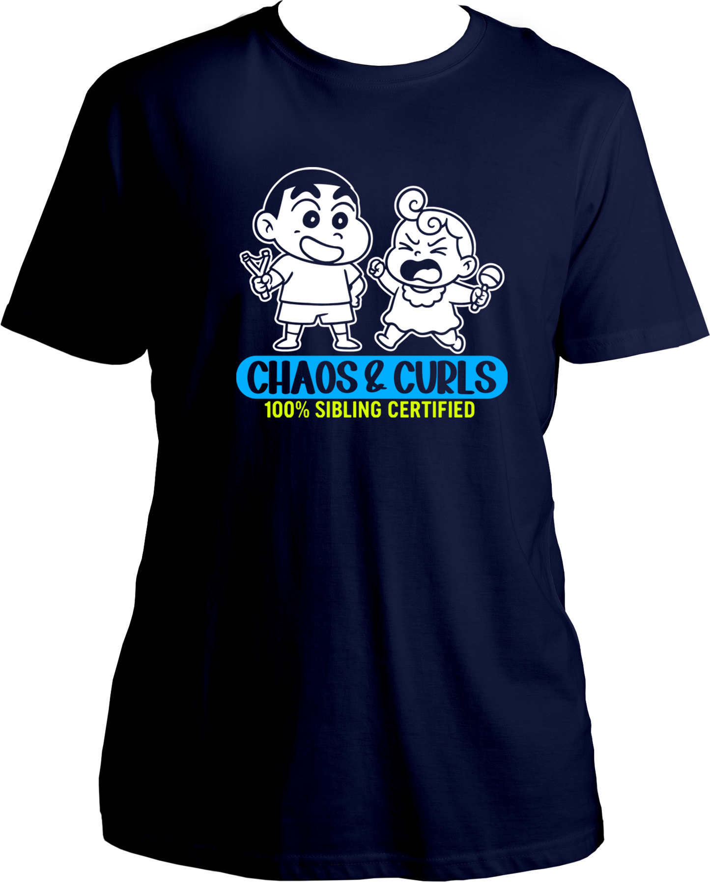 Unisex navy blue t-shirt featuring cartoon-style brother and sister graphic with Chaos & Curls text – perfect Rakhi gift for siblings.