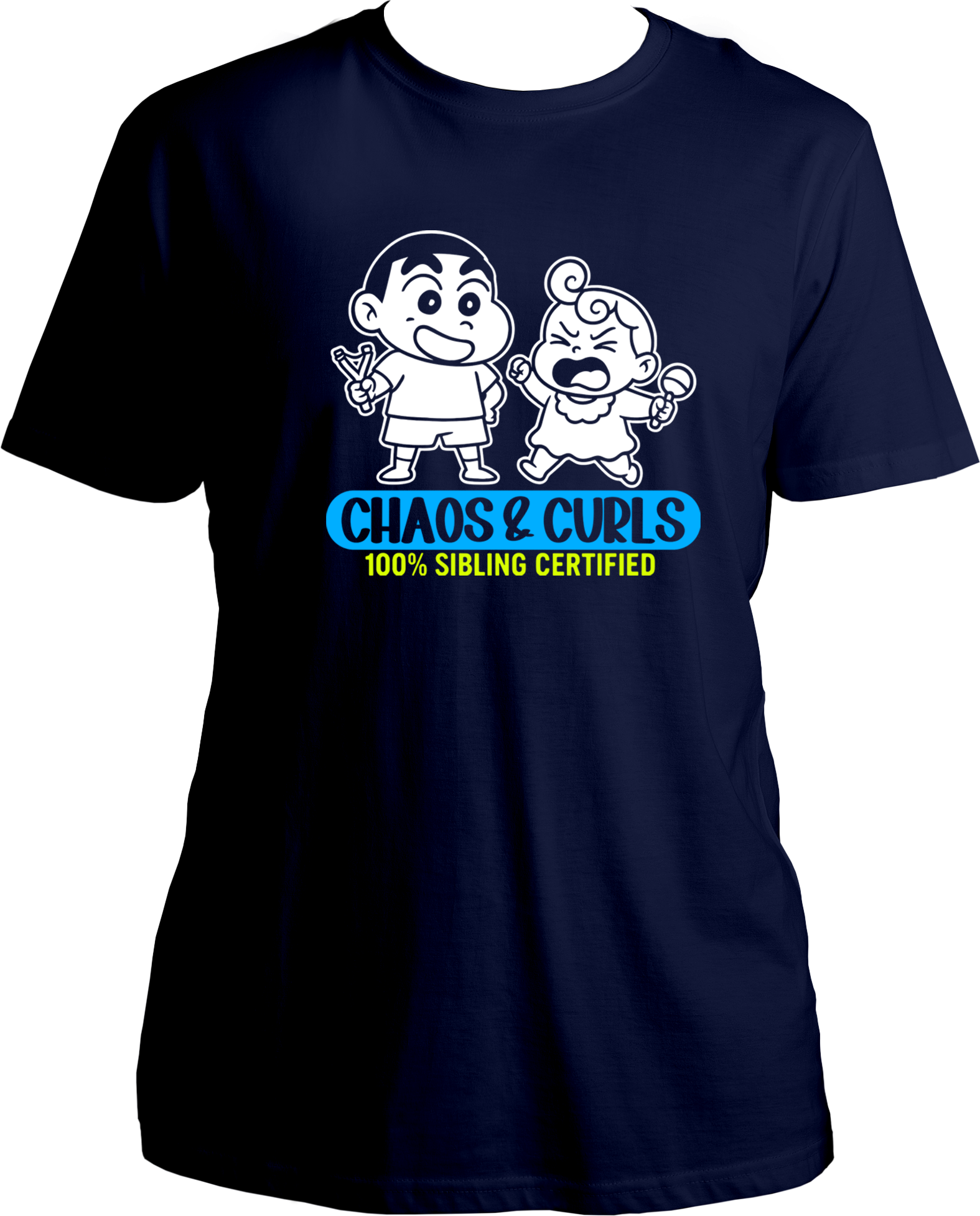 Unisex navy blue t-shirt featuring cartoon-style brother and sister graphic with Chaos & Curls text – perfect Rakhi gift for siblings.