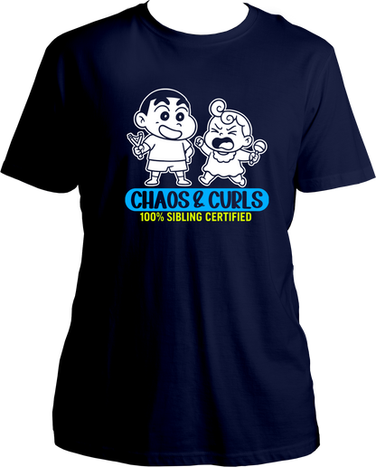 Unisex navy blue t-shirt featuring cartoon-style brother and sister graphic with Chaos & Curls text – perfect Rakhi gift for siblings.