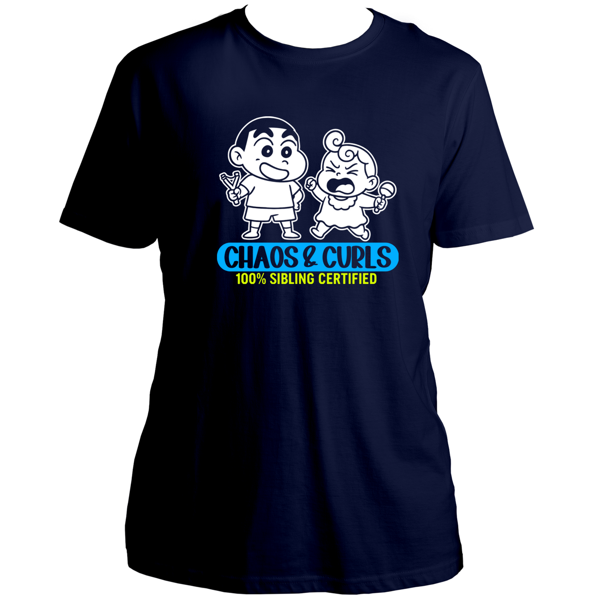 Navy Blue Chaos & Curls Unisex T-Shirt by Garrari with contrast brother-sister cartoon and sibling quote graphic
