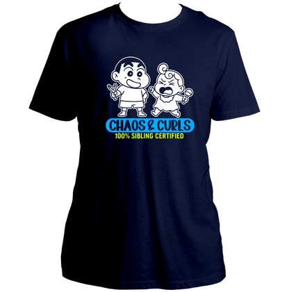 Navy Blue Chaos & Curls Unisex T-Shirt by Garrari with contrast brother-sister cartoon and sibling quote graphic