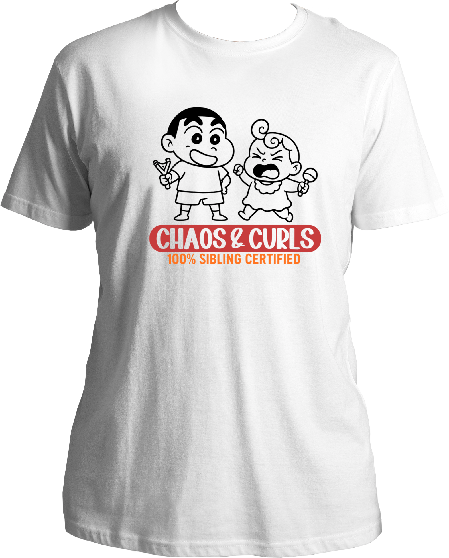 Unisex white t-shirt featuring cartoon-style brother and sister graphic with Chaos & Curls text – perfect Rakhi gift for siblings.