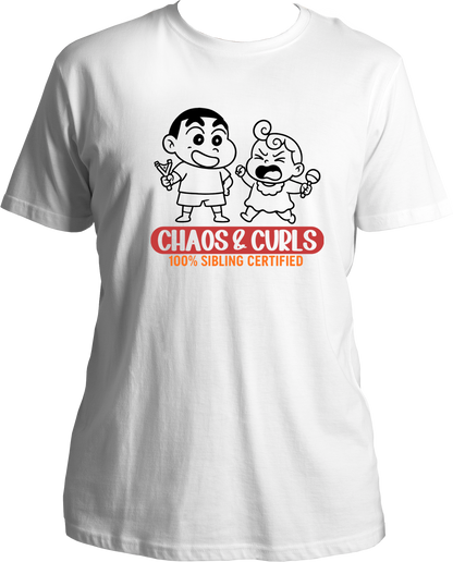 Unisex white t-shirt featuring cartoon-style brother and sister graphic with Chaos & Curls text – perfect Rakhi gift for siblings.