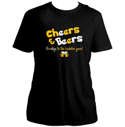 Black Cheers And Beers Goodbye To The Bachelor Years Unisex T-Shirt by Garrari for groom squad celebration