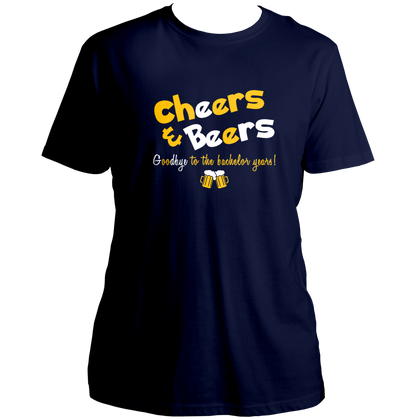 Navy Blue Cheers And Beers Goodbye To The Bachelor Years Unisex T-Shirt by Garrari for bachelor party