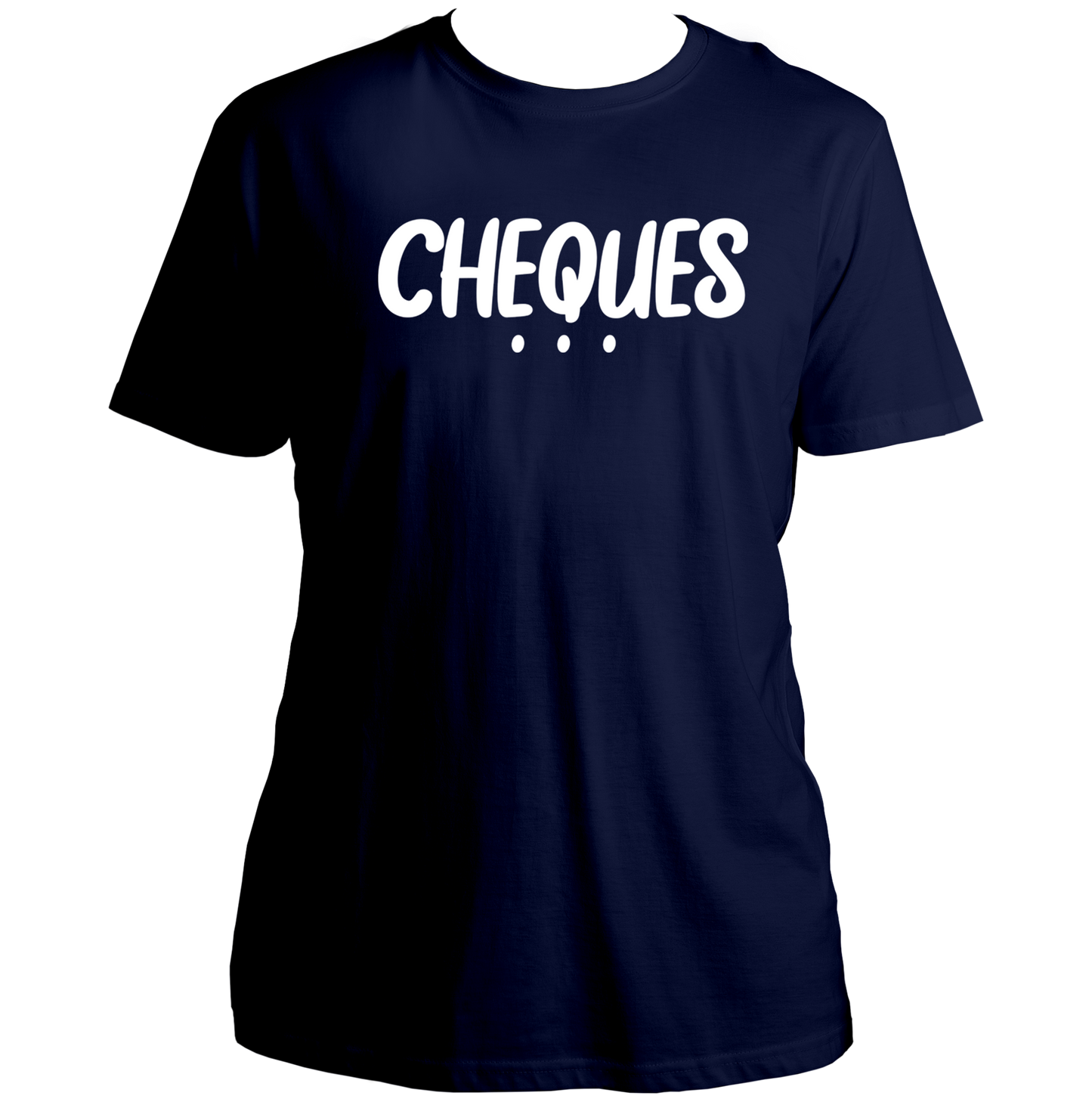 Navy Blue Cheques Unisex T-Shirt with bold Cheques text design by Garrari