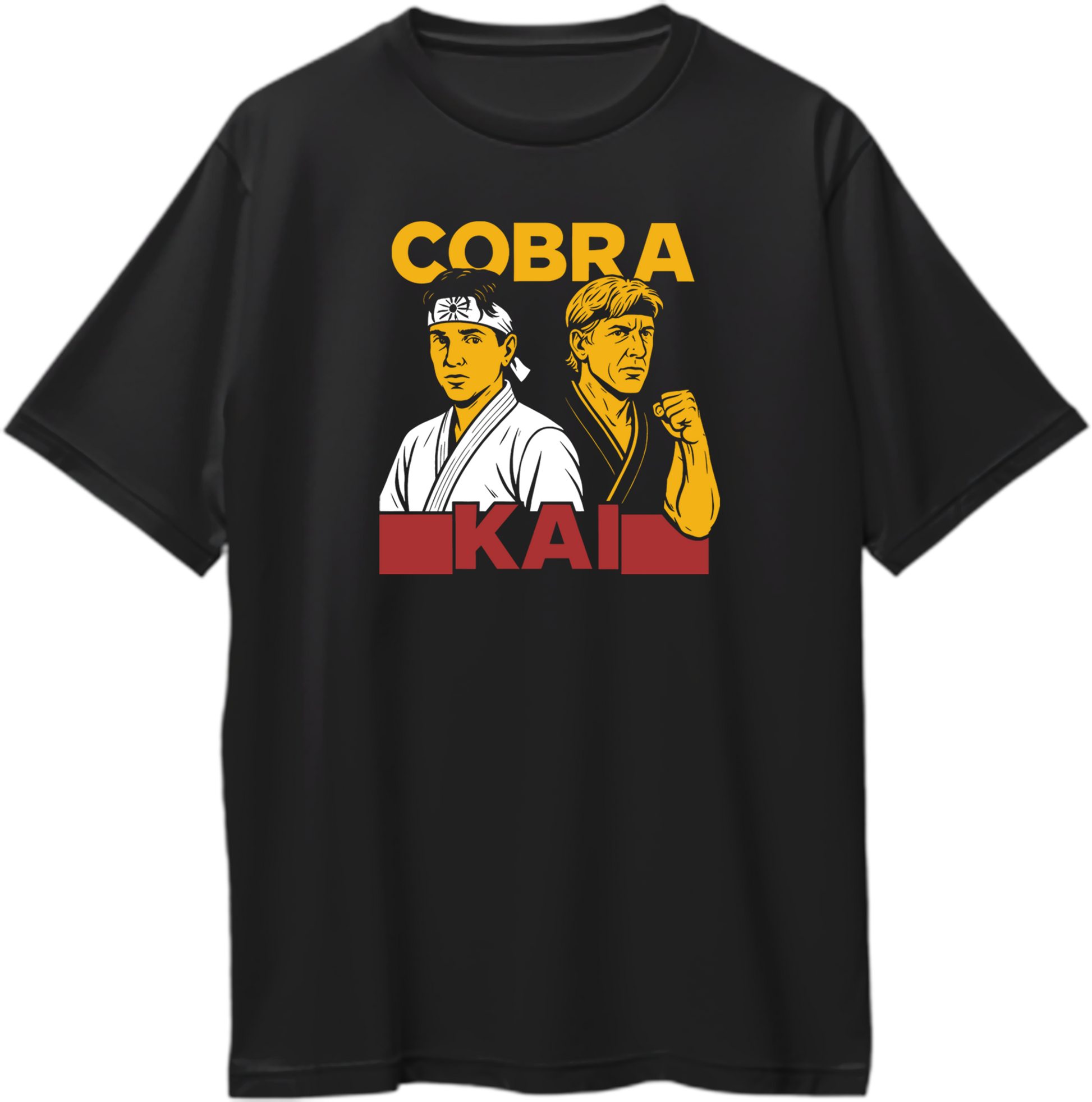 Oversized unisex Cobra Kai T-shirt with karate duo graphic and bold logo in yellow and red
