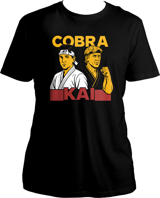 Regular fit unisex Cobra Kai T-shirt with karate duo graphic and bold logo in yellow and red