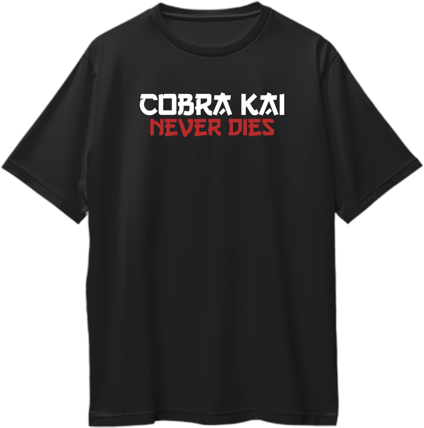 Oversized unisex Cobra Kai T-shirt with bold Cobra Kai Never Dies slogan graphic in vivid colors