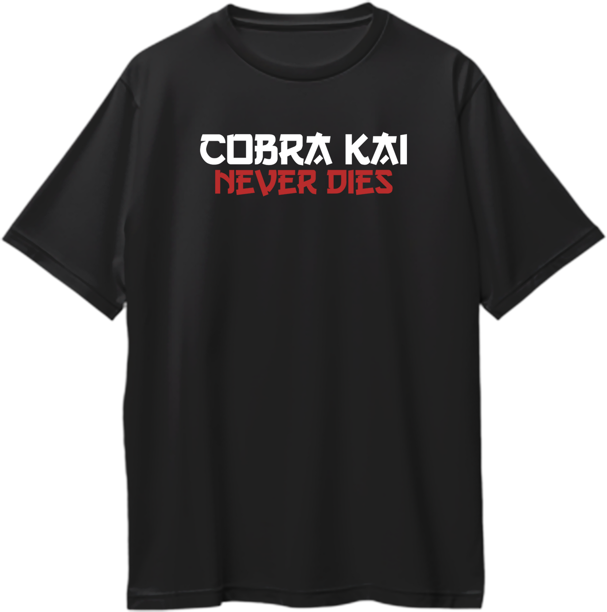 Oversized unisex Cobra Kai T-shirt with bold Cobra Kai Never Dies slogan graphic in vivid colors