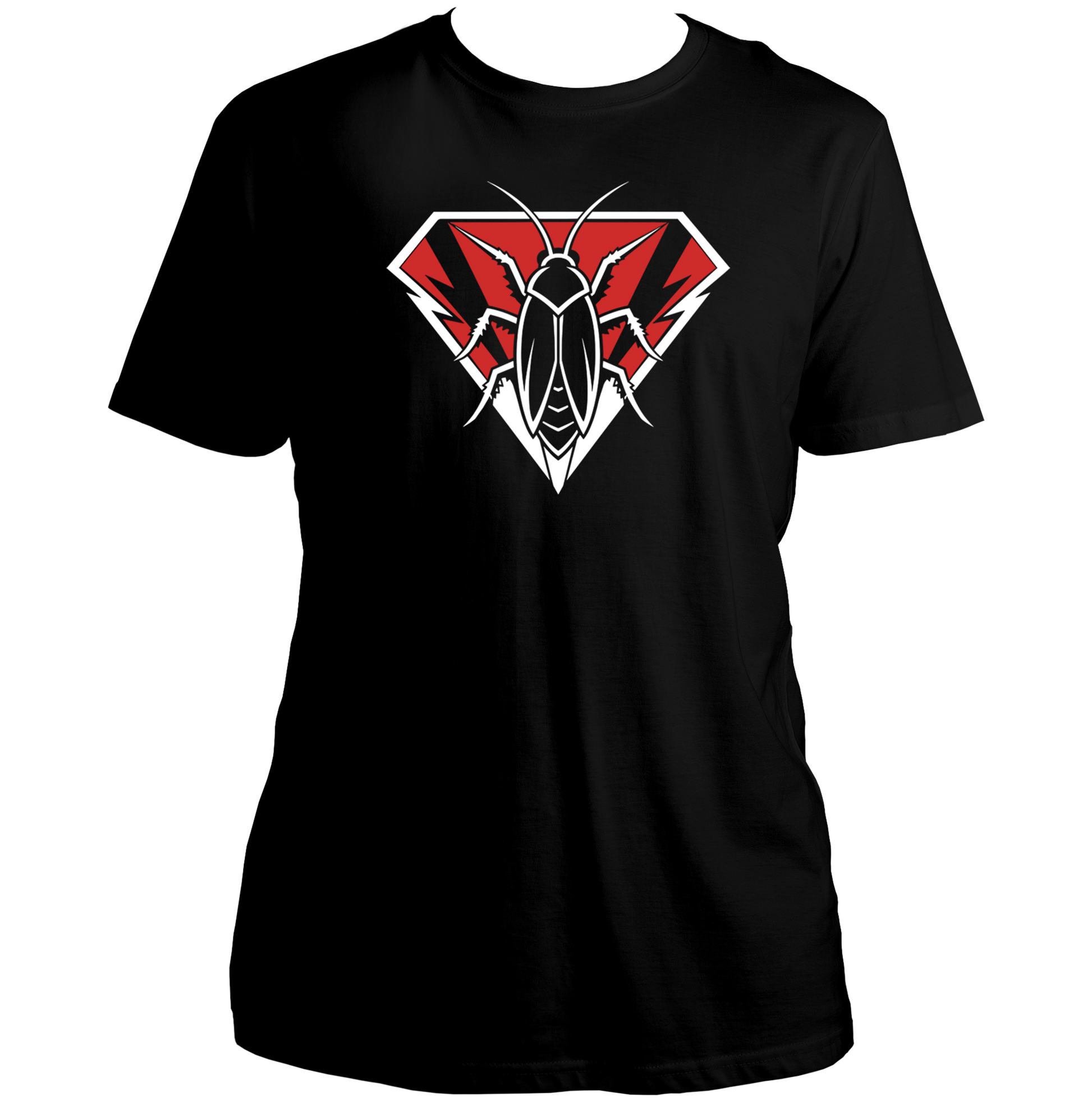 Cockroach To The Rescue oversized black T-shirt with red and white cockroach emblem graphic by Garrari
