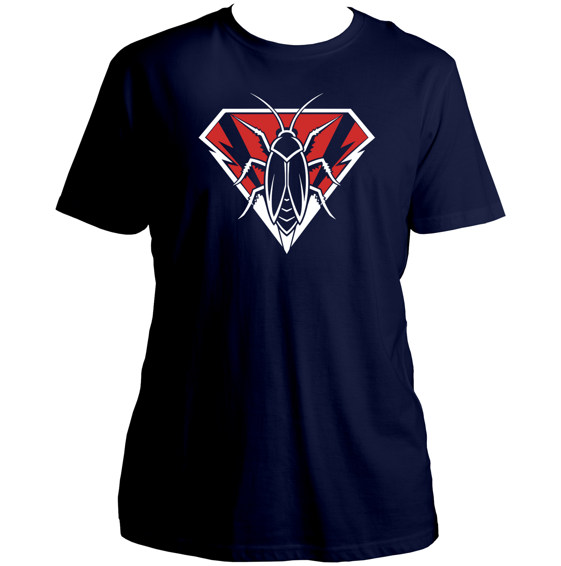 Cockroach To The Rescue oversized navy blue T-shirt with red and white cockroach emblem graphic by Garrari