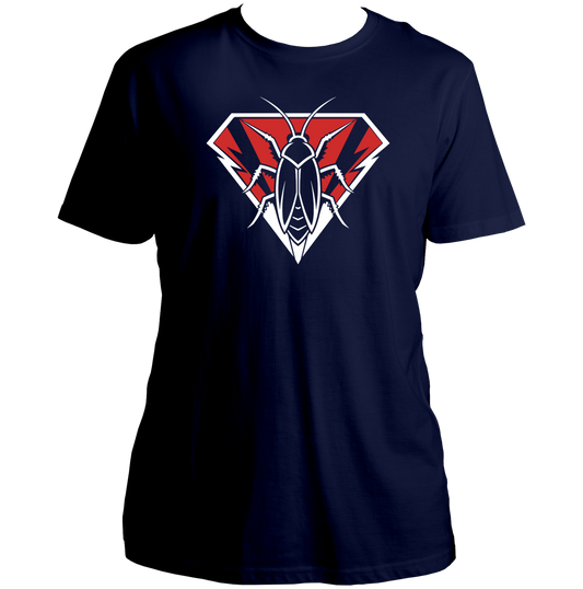 Cockroach To The Rescue oversized navy blue T-shirt with red and white cockroach emblem graphic by Garrari