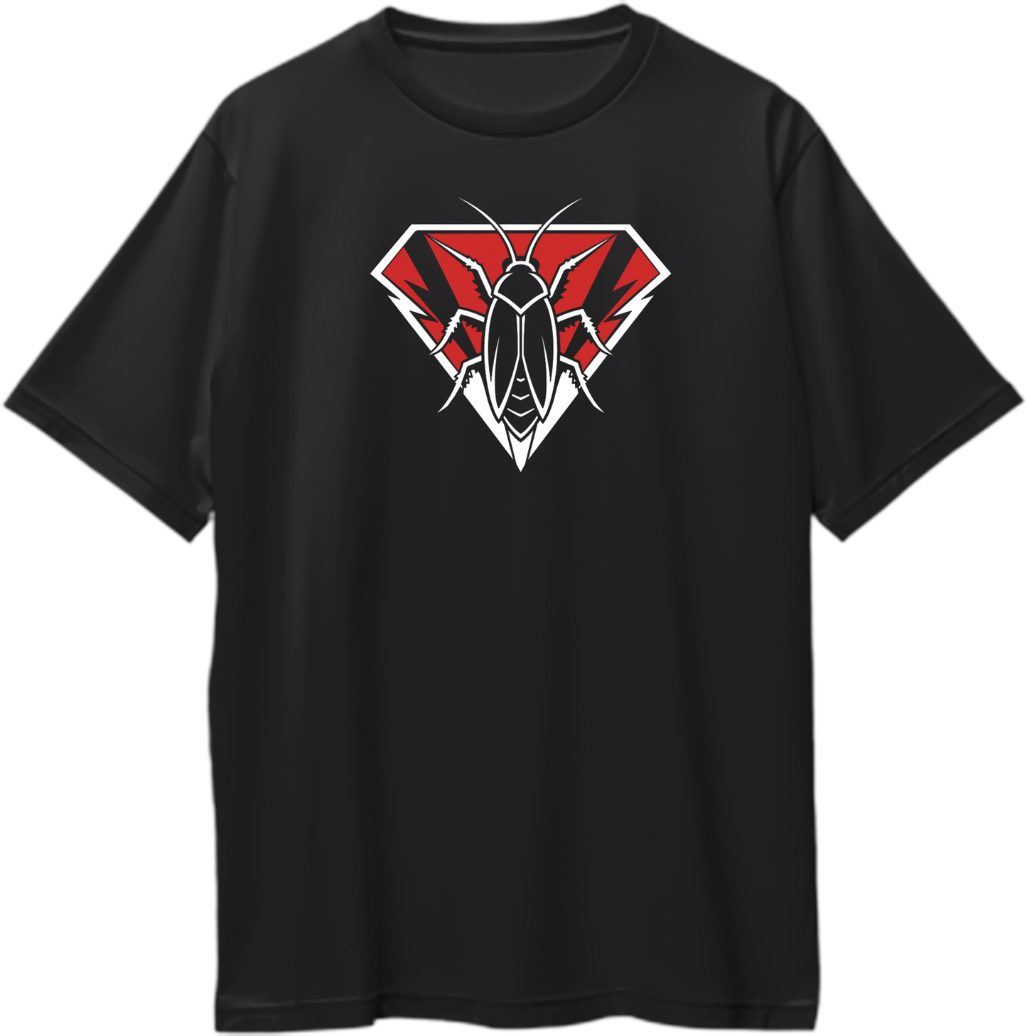 Cockroach To The Rescue oversized black T-shirt with red and white cockroach emblem graphic by Garrari