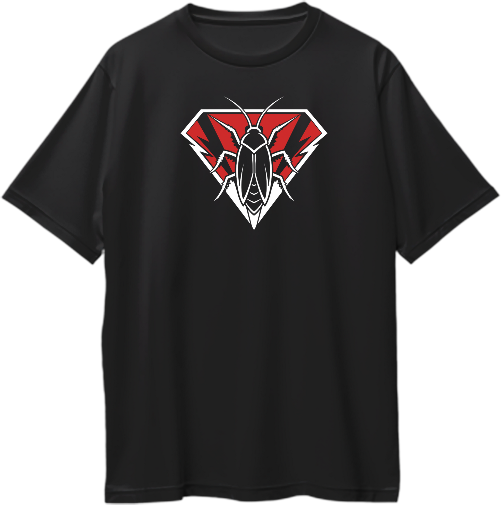 Cockroach To The Rescue oversized black T-shirt with red and white cockroach emblem graphic by Garrari