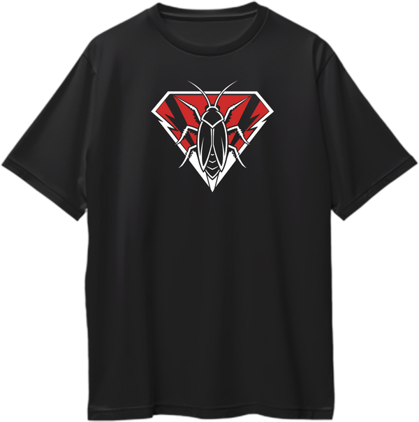 Cockroach To The Rescue oversized black T-shirt with red and white cockroach emblem graphic by Garrari