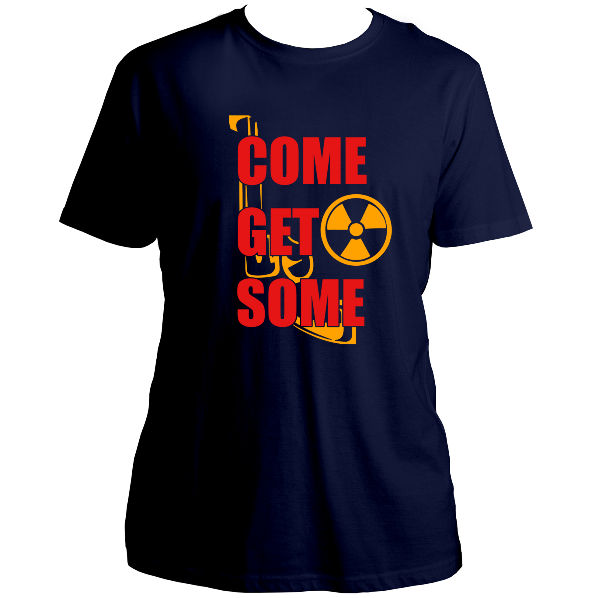 Navy Blue Come Get Some Unisex T-Shirt with bold red and yellow gaming typography by Garrari