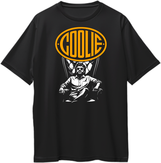 Black oversized unisex t-shirt with Coolie movie-inspired Superstar graphic and yellow COOLIE logo above a seated man in a royal chair.